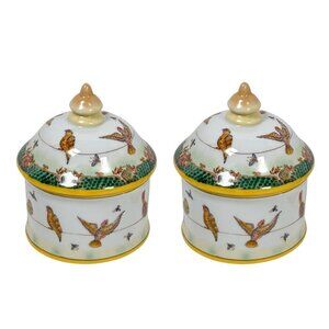 VTG Ceramic Hand Painted Lidded Jar Set Dish Asiatides Mark Chinese Birds 2PCs